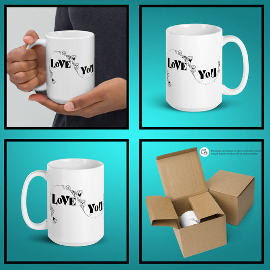 I Love You Mug - Minimalist Black & White Floral Design | White Glossy Mug