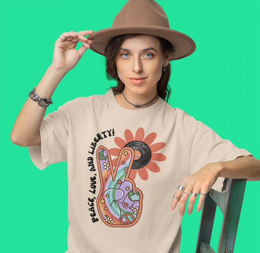 Peace Love Liberty Tee, Retro Style Peace Hand & Flower Graphic | Unisex t-shirt